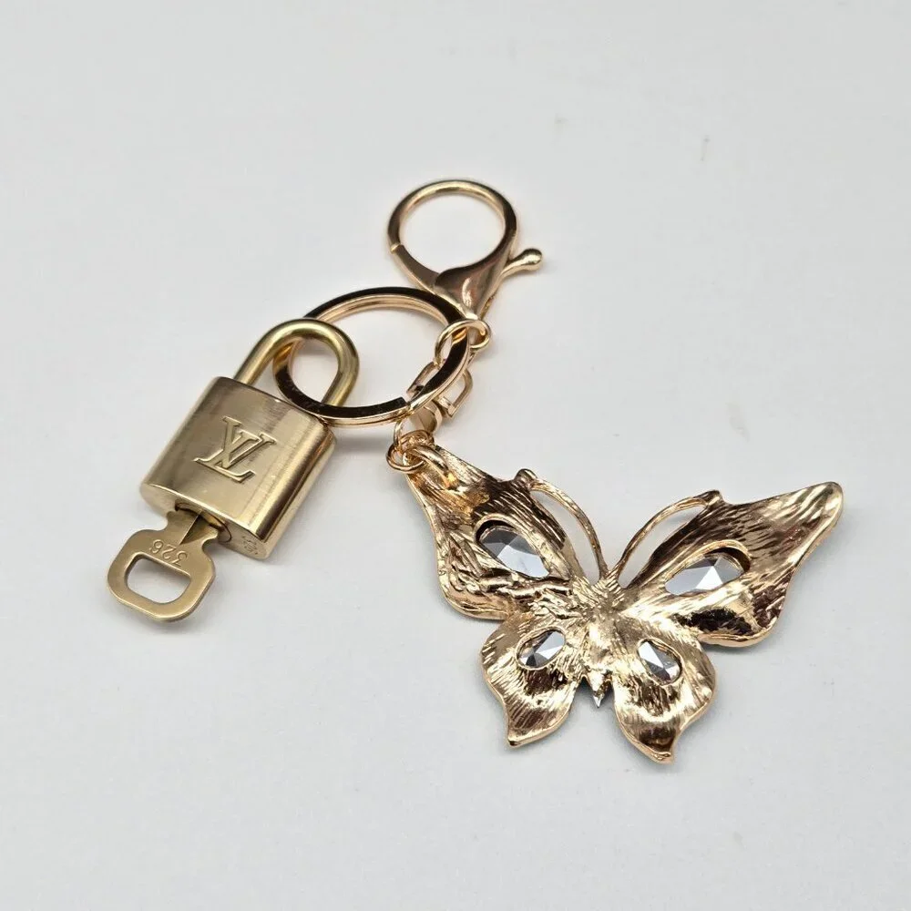 LV Authentic Gold Lock & Key 🔑 Luxury Bag Charm w/ Unbranded Butterfly Keychain